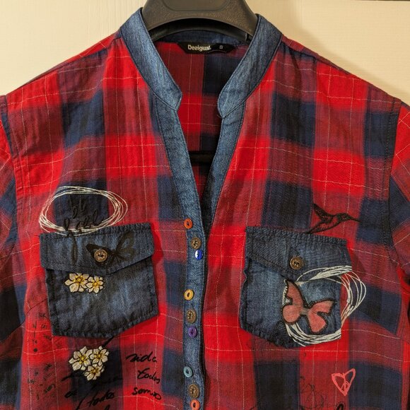 Desigual Women's Embroidered Plaid Shirt - Size S - Picture 1 of 14
